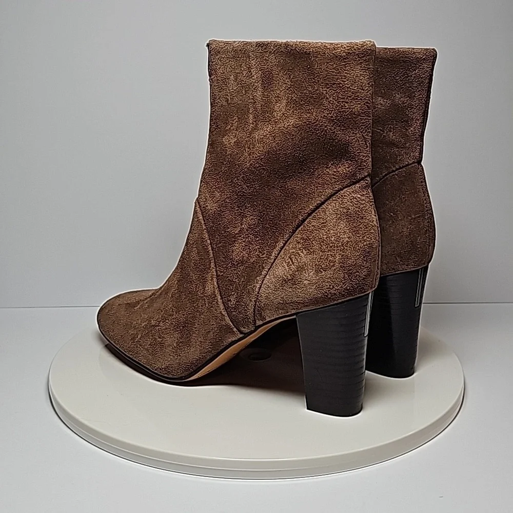 Franco Sarto Pia Suede Ankle Booties Brown 7.5 Side Zip Almond Toe Heeled Boots